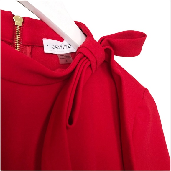 CALVIN KLEIN Bow Tie at Neck Exposed Gold Zipper Long Sleeve Red Sz 6 New - Picture 7 of 9